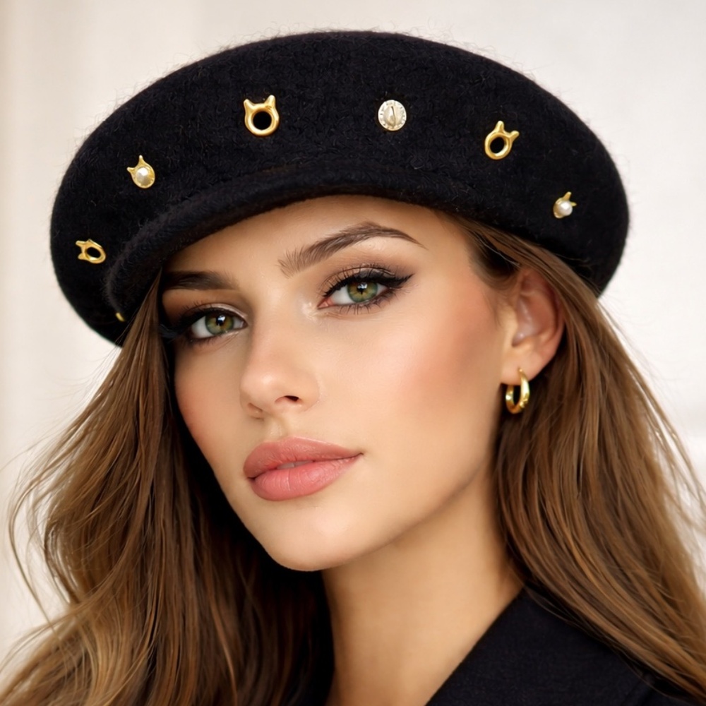 Karl Lagerfeld‎ Paris Black Wool Beret – Gold Cat Motif | New With Tags